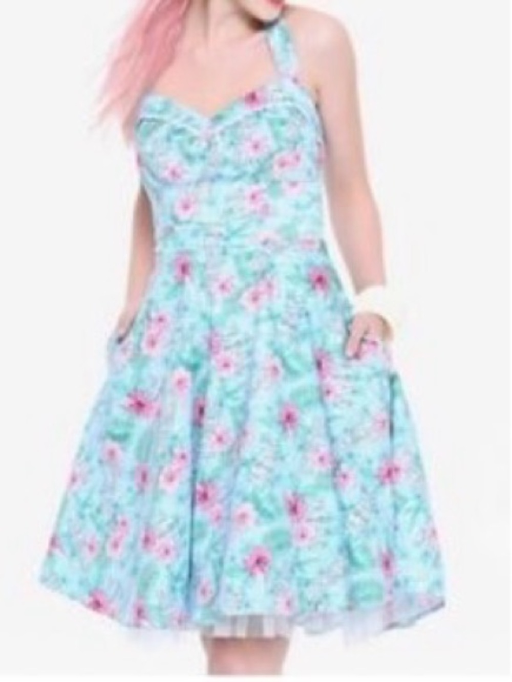 Hot Topic Blue Floral Halter Mini Dress with Pink Flowers